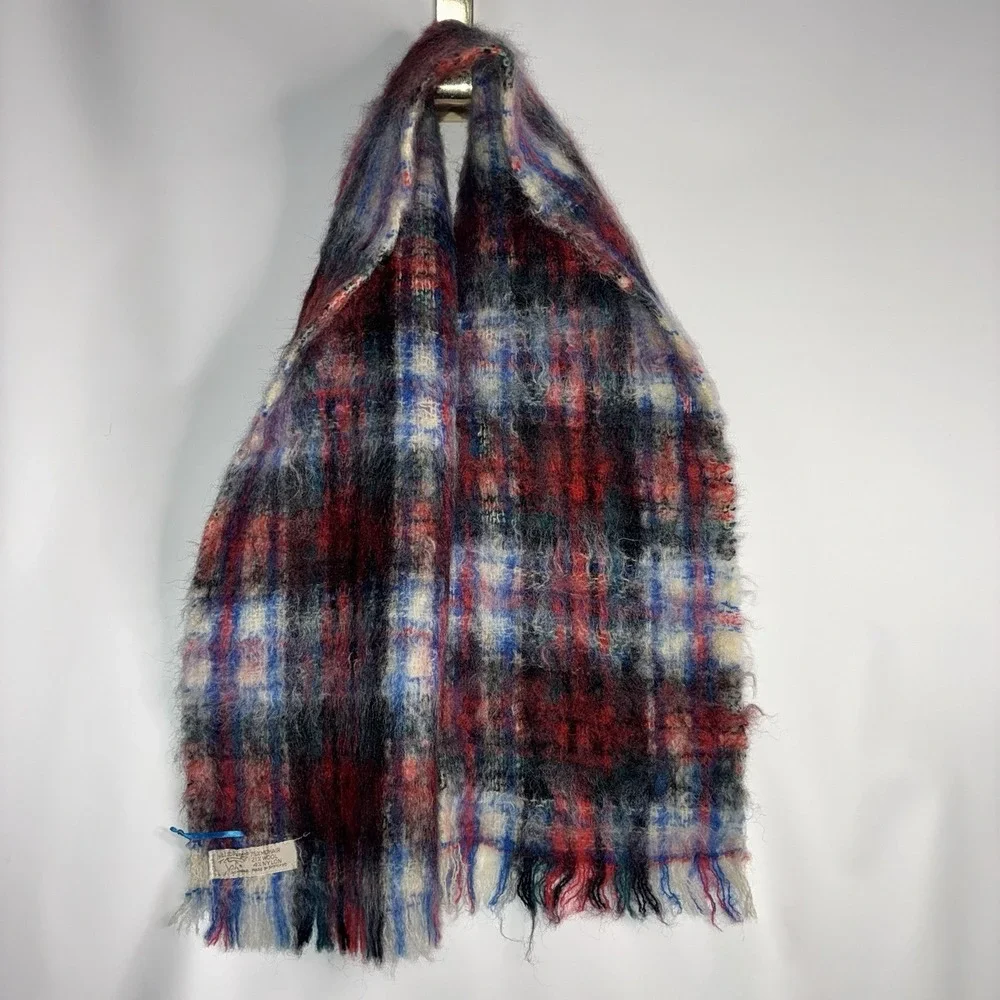 Hilltop Brand Vintage Tartan Mohair Wool Nylon Scarf Red Plaid Made In Scotland